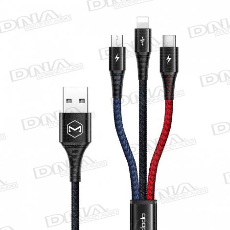 Nylon Braided Super-Tough Type-C, Lightning and Micro-USB 3-in-1 Combo To USB Charge Lead