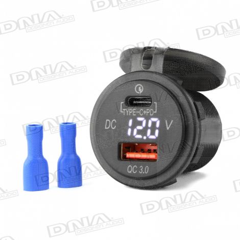 Universal Round Mount Type-C PD and QC3.0 USB Fast Charger With Voltmeter