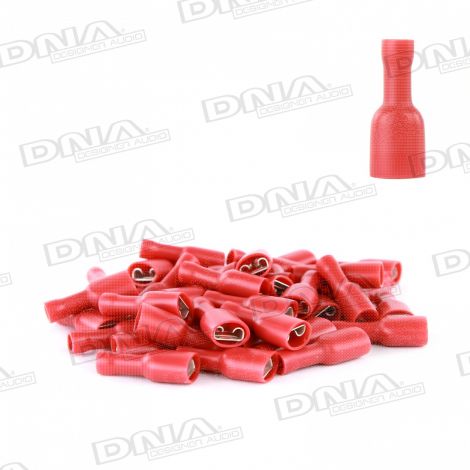 6.4mm Red Fully Insulated Female Crimp Spade Terminals (Single Grip) - 100 Pack